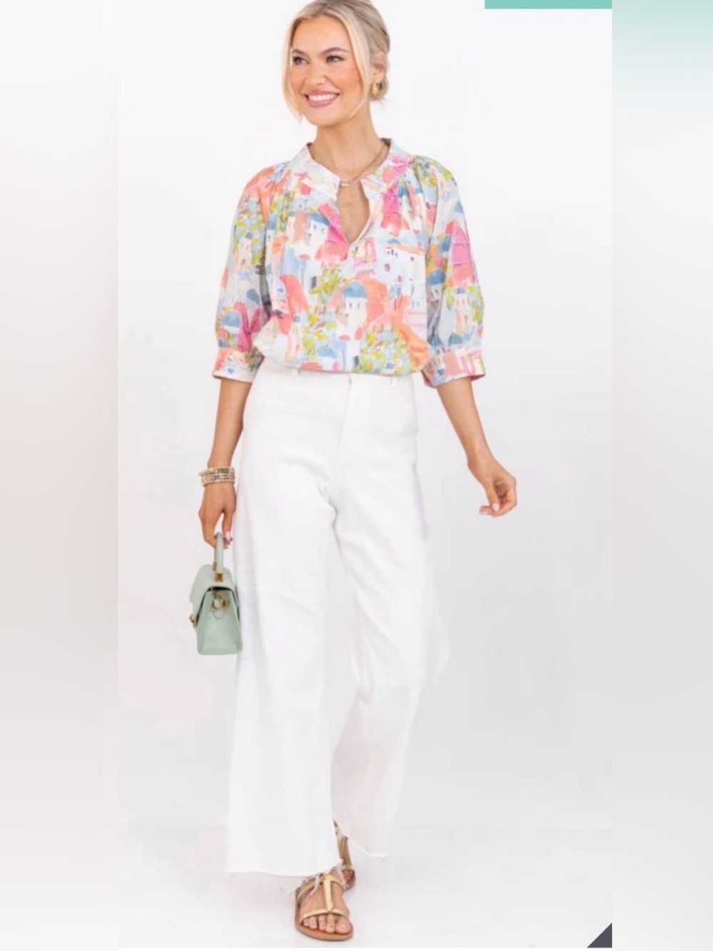 Shop The Mint Santorini Watercolor V-Neck Top Small - Picture 2 of 13